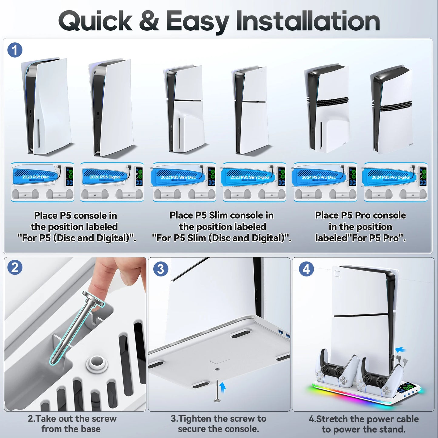 for PS5/PS5 Slim/PS5 Pro Stand with Headphone Hook Cooling Stand & Controller Charging Station for PS5 With 3 Levels Cooling Fan